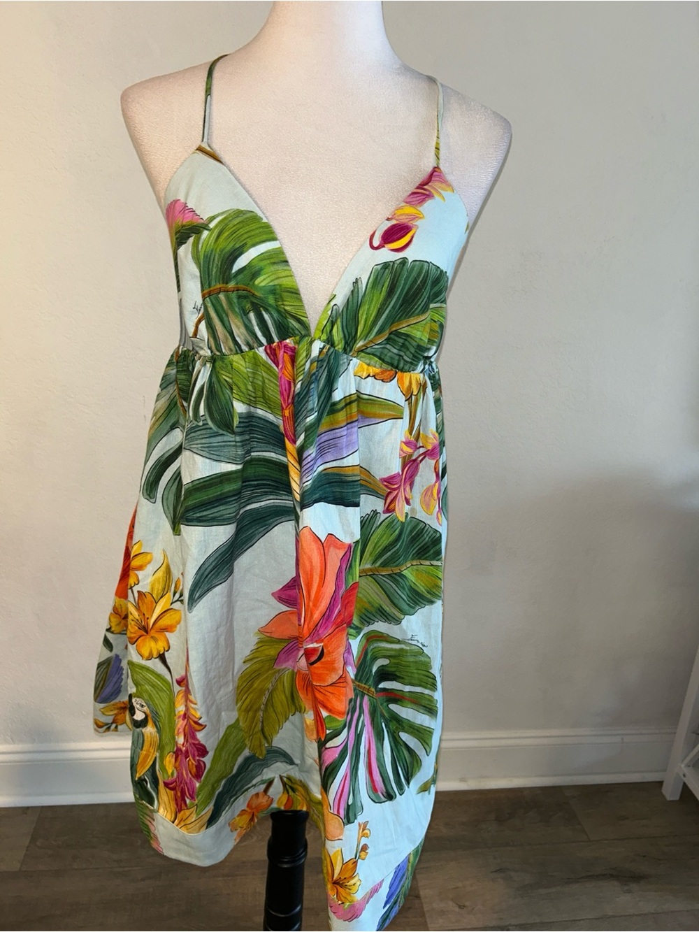 Farm Rio Tropical Floral V-Neck Dress - White/Multicolor - Picture 4 of 8